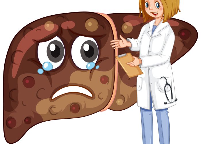 A doctor standing with fibrosis liver on white background illustration